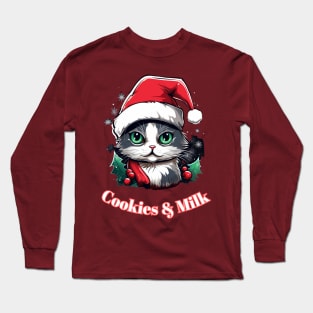 Cookies & Milk - Christmas Cat - Winter Holiday Long Sleeve T-Shirt